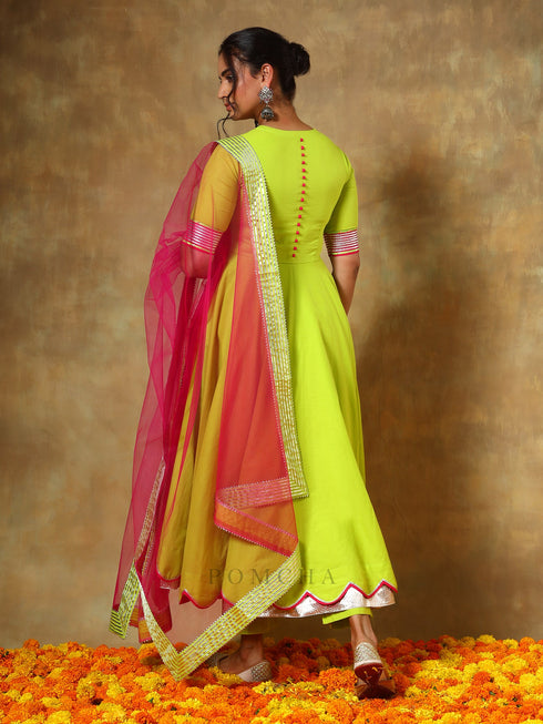 Pomcha Jaipur Guzarish Gulaal Green Cotton Anarkali Set